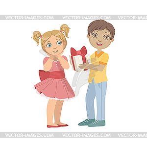 Boy Giving Present To Girl With Ponytails - vector clipart