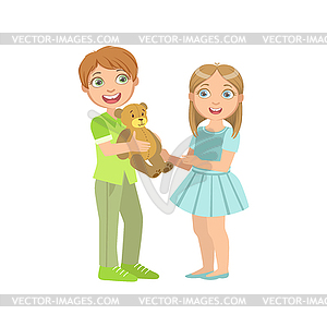 Boy Presenting Teddy Bear To Girl - vector clipart / vector image