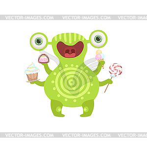 Green Tattooed Friendly Monster With Sweets - color vector clipart