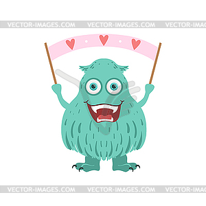 Furry Turquoise Friendly Monster With Banner - vector image