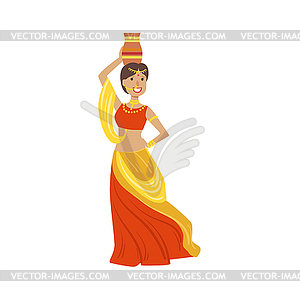 Woman In Sari Holding Pot On Her Head - vector clipart