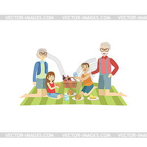 Grandparents With Kids Having Picnic - vector image