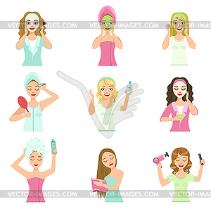 Women Doing Home Hair And Skin Treatment Procedures - vector image