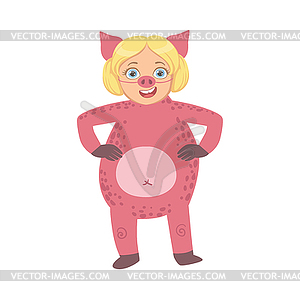 Девочка носить костюм Свинья животных - векторный графический клипарт