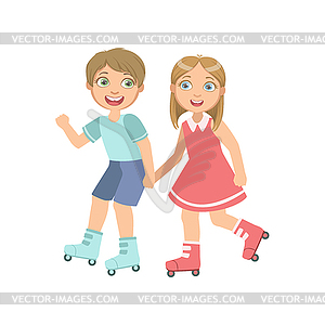 Boy And Girl Roller Skating Holding Hands - vector clip art