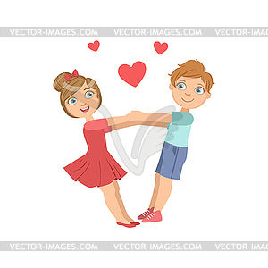 Boy And Girl Swinging WIth Hearts Around Them - vector image