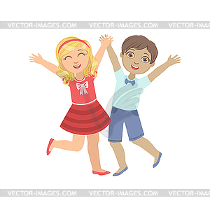 Boy And Girl Holding Hands Jumping - vector clipart