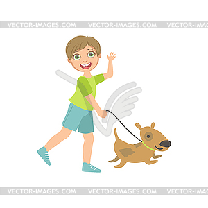 Boy Walking Dog On Leash - vector clip art