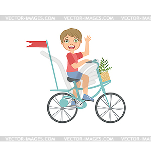 Boy Riding Bicycle Waving - vector clipart