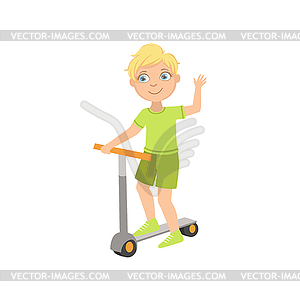 Boy Riding Scooter Waving - color vector clipart