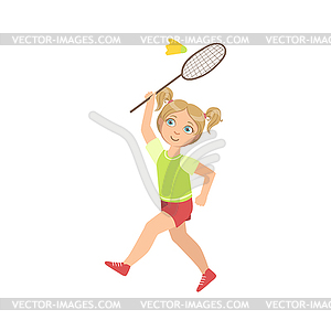 Girl Playing Badminton With Shuttlecock And Racket - vector clipart
