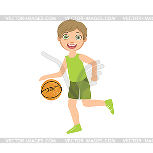 Boy Playing Basketball In Green Clothes - vector image