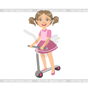 Girl With Ponytails Riding Scooter - vector clip art