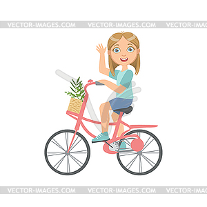 Девушка езда велосипедов Waving - стоковый клипарт