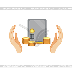 Bank Safe And Money Protected By Two Palms - vector image