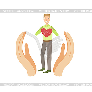 Guy Holding Heart With Cardiogram Protected By Two - vector clipart / vector image