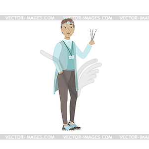 Male Dentist In White Gown Holding His Tools - vector EPS clipart