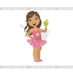 Девушка держит зеленое яблоко Здоровый Закуска для зубов - векторный дизайн