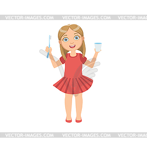Девушка держит зубную щетку и зубная нить - векторный эскиз
