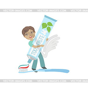 Boy Squeezing Giant Toothbaste Tube On Toothbrush - vector image