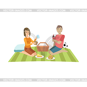 Couple On Picnic With Football Ball - vector clip art