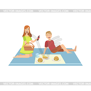 Couple Having Burgers On Picnic - vector clipart