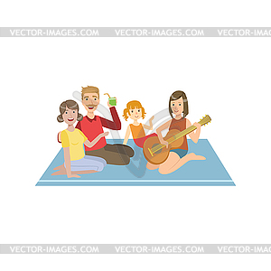 Семья на пикник с гитарой - изображение в векторном виде