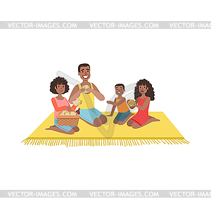 Семья с двумя детьми на пикник - иллюстрация в векторе