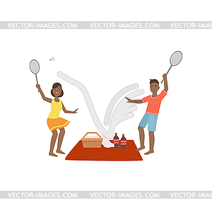 Couple Playing Badminton On Picnic - vector image