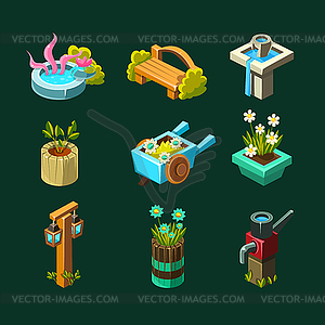 Video Game Garden Design Collection Of Elements - vector image