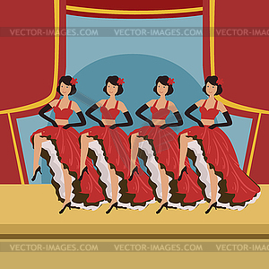 Four Dancers Doing Cancan On Theatre Stage - vector clipart