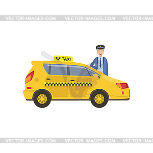 Водитель в форме и Желтый автомобиль такси - цветной векторный клипарт