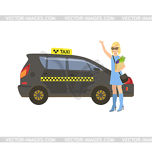 Woman With Groceries Catching Black Taxi Car - vector clipart