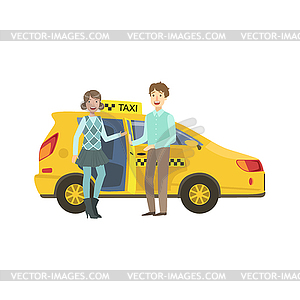 Young Couple Entering Yellow Taxi Car - vector clip art