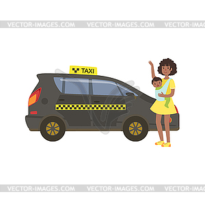 Woman With Baby Calling Black Taxi Car - royalty-free vector clipart