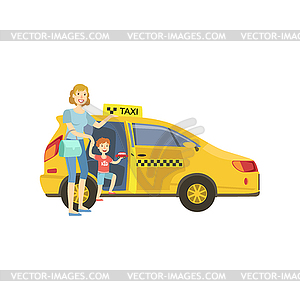 Mother With Daughter Entering Yellow Taxi Car - vector image