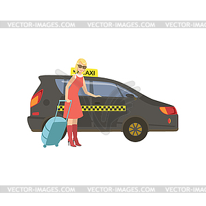 Woman With Suitcase Entering Black Taxi Car - vector image