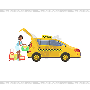 Woman Putting Her Luggage In Trunk Of Yellow Taxi - vector clipart / vector image