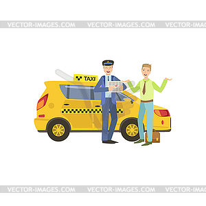 Taxi Driver Meeting Client In Airport Standing - vector image