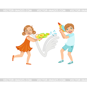 Boy And Girl Playing Water Pistols Fight - vector image