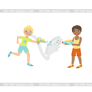 Two Boys HAving Water Pistol Fight - vector EPS clipart