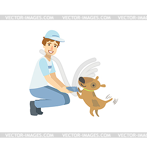 Volunteer Playing With Rescue Dog - vector clip art