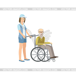 Volunteer Rolling Old Man In Wheelchair - vector image