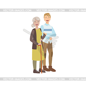 Volunteer Walking Old Lady With Stick - vector clipart