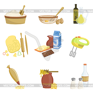 Baking Process And Kitchen Equipment Set Of Items - vector EPS clipart