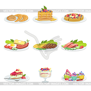 European Cuisine Food Assortment Menu Items Detaile - vector image