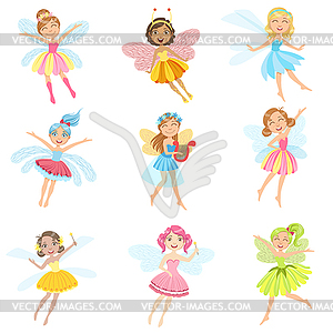 Cute Fairies In Pretty Dresses Girly Cartoon - vector clipart