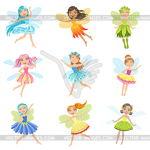 Cute Fairies In Pretty Dresses Girly Cartoon - vector clipart