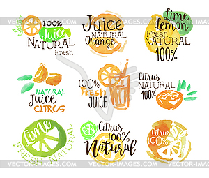 Natural Citrus Juice Promo Signs Colorful Set - vector clipart