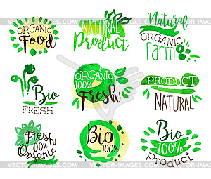 Organic Farm Food Promo Signs Colorful Set - vector image